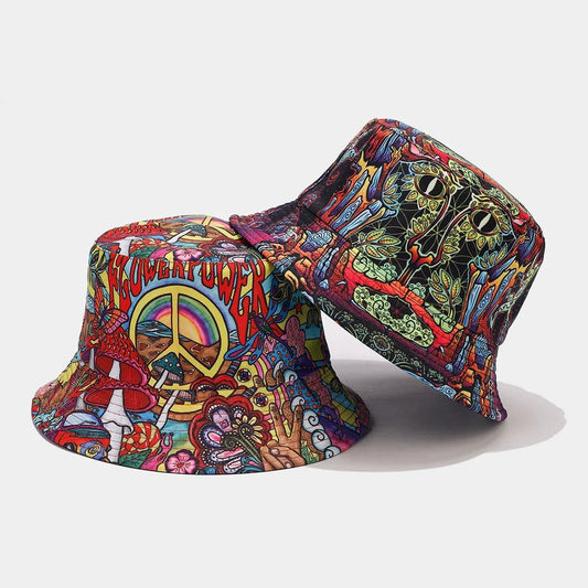 Mandotos International 2027 retro graffiti double-sided bucket hat for women and men, perfect for travel, sun protection, and parties.