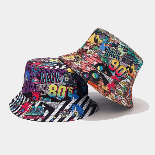 Mandotos International 2027 retro graffiti double-sided bucket hat for women and men, perfect for travel, sun protection, and parties.