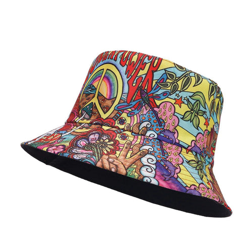 Mandotos International 2027 retro graffiti double-sided bucket hat for women and men, ideal for travel, sun protection, and parties.