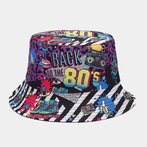 Mandotos International 2027 retro graffiti double-sided bucket hat for women and men, stylish sun hat for travel and parties