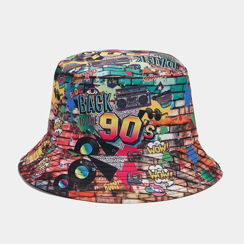 Retro graffiti double-sided bucket hat by MANDOTOS INTERNATIONAL, stylish sun hat for women and men, perfect for travel and parties.