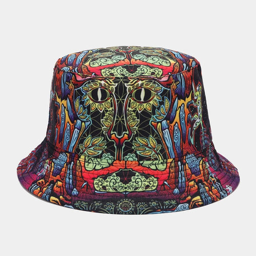Mandotos International 2027 European American fashion retro graffiti double-sided bucket hat for women and men, ideal for sun and travel.