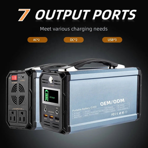 Mandotos International 300W portable solar generator with AC outlet, ideal for camping and travel, compact and lightweight design.