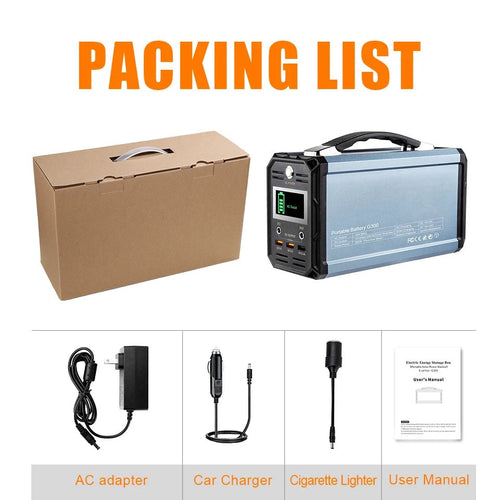 Mandotos International 300W portable solar generator with AC outlet, ideal for camping and travel, shown with power ports and handle