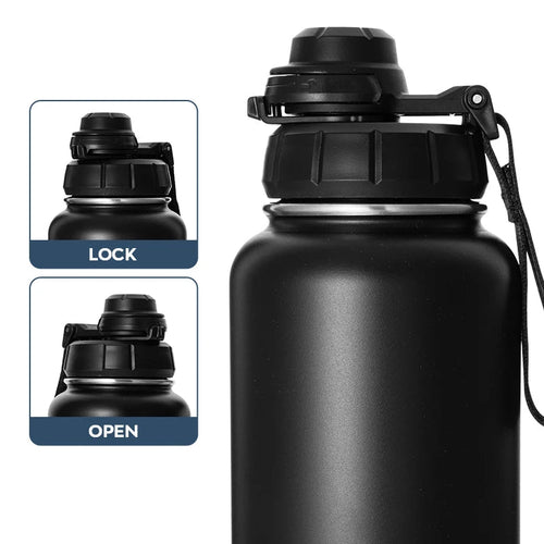 Mandotos International 32oz insulated stainless steel sports water bottle for gym, outdoor activities, and travel.