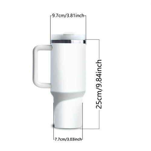 Mandotos International 40 oz stainless steel vacuum travel mug with handle, insulated for hot and cold beverages.