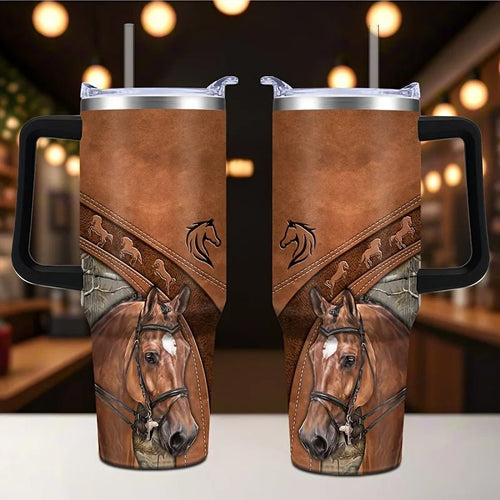 Mandotos International 40 oz stainless steel vacuum travel mug with handle, insulated for hot and cold beverages.