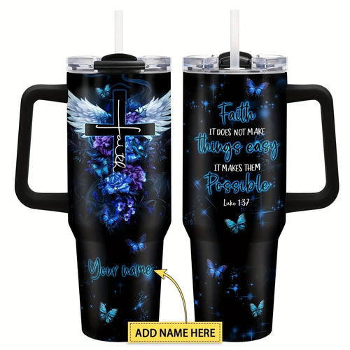 Mandotos International 40 oz stainless steel vacuum travel mug with handle, insulated for hot and cold drinks, outdoor use.