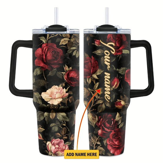 Mandotos International 40 oz stainless steel vacuum travel mug with handle, featuring a sleek design and spill-proof lid.