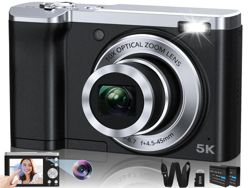 MANDOTOS INTERNATIONAL 56MP dual lens 5K autofocus camera with 10x zoom, showing the camera body and lens details.