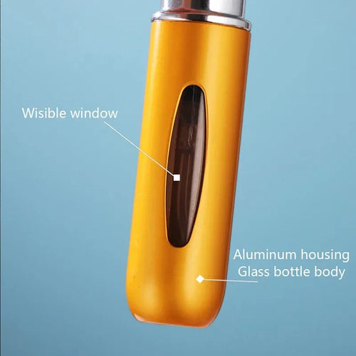Mini travel perfume atomizer in aluminum bottle, 5ml size, by MANDOTOS INTERNATIONAL, compact and portable for on-the-go use.