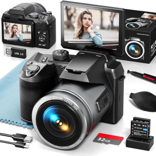 Mandotos International 64MP 5K VlogPro camera with 3-inch flip screen and 16x zoom for high-quality video and photography.