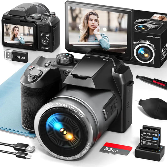 Mandotos International 64MP 5K VlogPro camera with 3-inch flip screen and 16x zoom for high-quality video and photography.