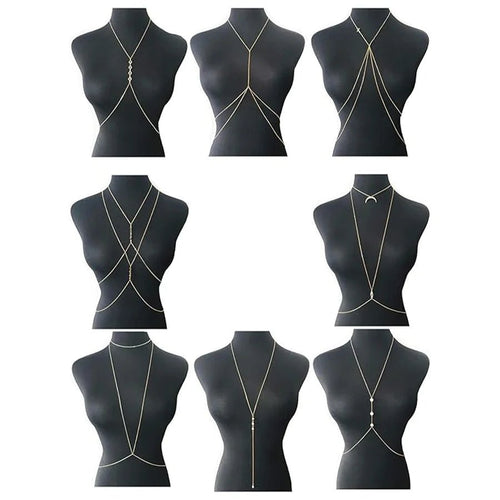 8Pcs Sexy Body Chain Belly Waist Chain Necklace Summer Beach Bikini Bra Body Jewelry for Women Gold Tone - MANDOTOS INTERNATIONAL