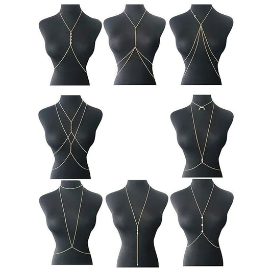 8Pcs Sexy Body Chain Belly Waist Chain Necklace Summer Beach Bikini Bra Body Jewelry for Women Gold Tone - MANDOTOS INTERNATIONAL