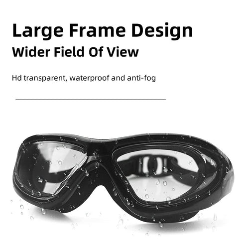 Clear frame adult swim goggles with no-leak lenses for women, designed for sports swimming and water activities.