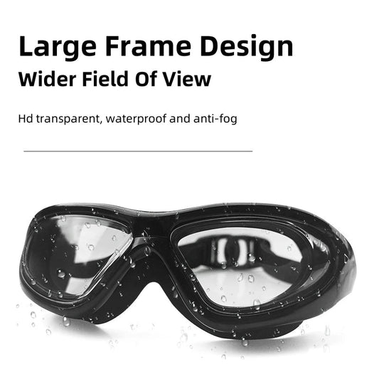 Clear frame adult swim goggles with no-leak lenses for women, designed for sports swimming and water activities.