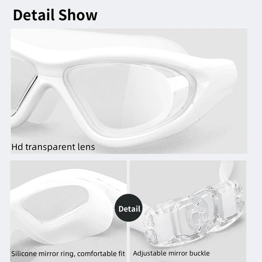 Adult women wearing clear frame swim goggles with no-leak lenses, suitable for sports and swimming activities.