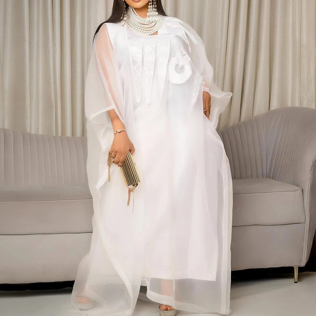 African Attire For Women White Abaya Embroidery Plus Size Elegant Party Church Dress - MANDOTOS INTERNATIONAL