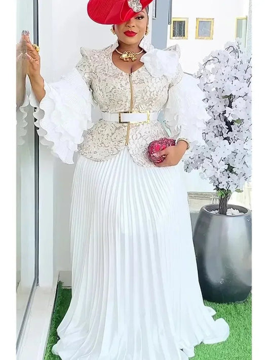 African women’s 2-piece Ankara dress set with dashiki tops and skirts, plus size wedding party outfit by MANDOTOS INTERNATIONAL.