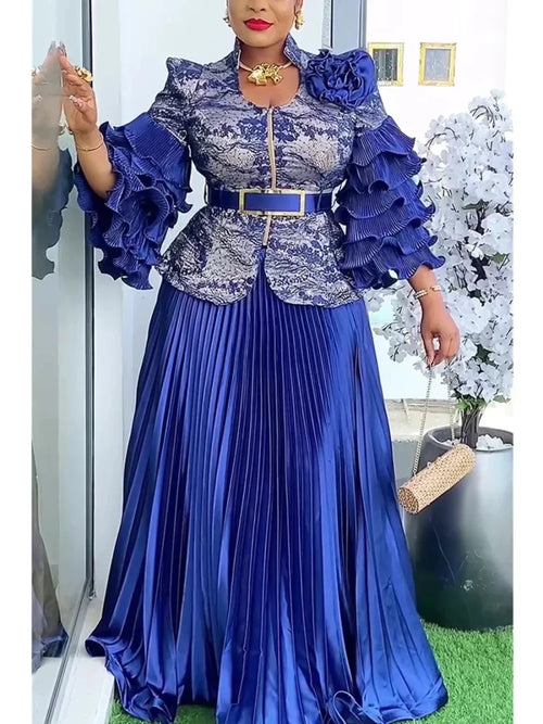 Mandotos International African women's 2-piece set with dashiki and Ankara fabric, plus size gown for weddings or parties.