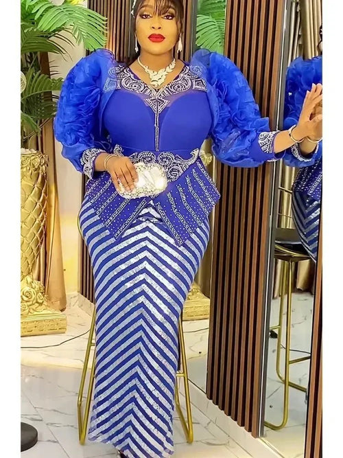 Plus size African dress for women by MANDOTOS INTERNATIONAL, featuring sequin detail, dashiki style, long Ankara outfit for evening parties.