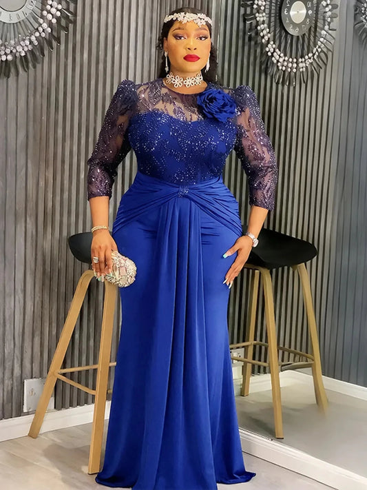 African dresses for women, plus size sequin evening long dress with dashiki and Ankara patterns, by MANDOTOS INTERNATIONAL.