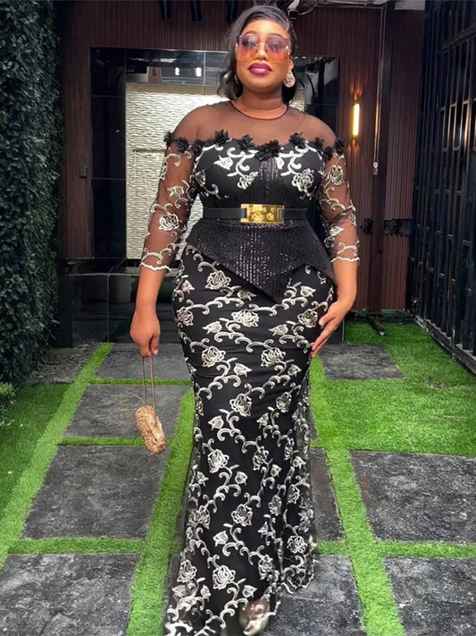 Plus size African dress by MANDOTOS INTERNATIONAL featuring sequin embellishments, long dashiki-style evening gown with Ankara accents.