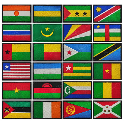 Embroidery patches featuring African flags of Morocco, Nigeria, Gabon, Libya, and Namibia by MANDOTOS INTERNATIONAL.