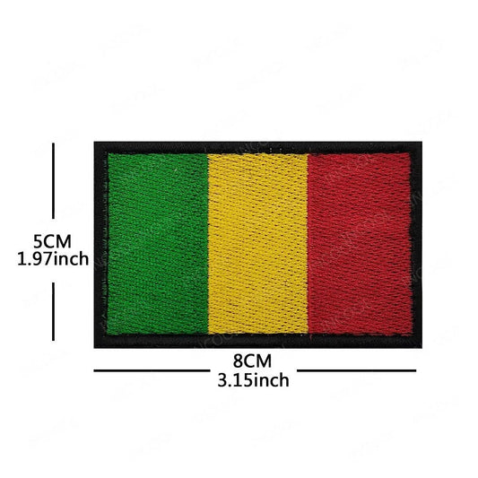 Embroidery patches of African flags including Morocco, Nigeria, Gabon, Libya, and Namibia by MANDOTOS INTERNATIONAL.