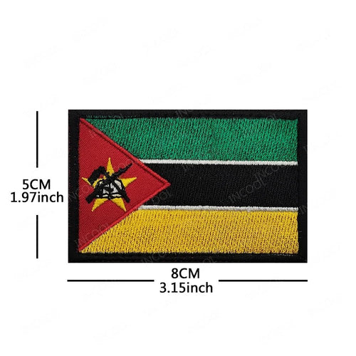 Set of African flags and badges embroidery patches featuring Morocco, Nigeria, Gabon, Libya, and Namibia by MANDOTOS INTERNATIONAL.