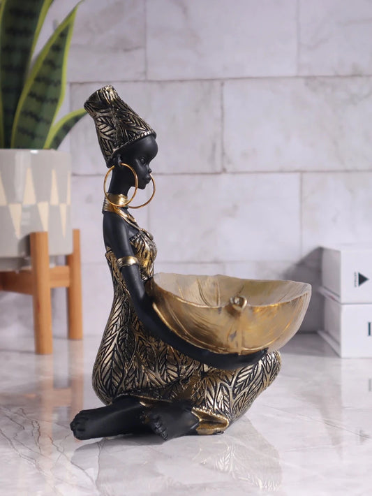 African Girl Holding a Plate Sculpture, Home and Office Decorative Storage Ornament, Vintage Collectible Craft Deskt Decor - MANDOTOS INTERNATIONAL