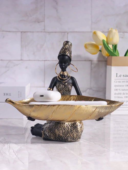 African Girl Holding a Plate Sculpture, Home and Office Decorative Storage Ornament, Vintage Collectible Craft Deskt Decor - MANDOTOS INTERNATIONAL