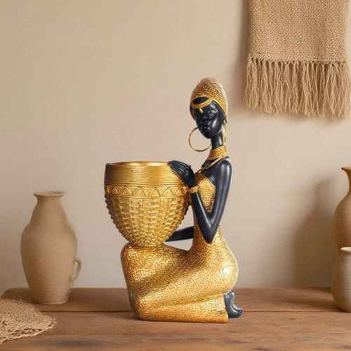 African Girl Holding a Plate Sculpture, Home and Office Decorative Storage Ornament, Vintage Collectible Craft Deskt Decor - MANDOTOS INTERNATIONAL