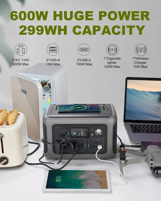 AllPowers R600 portable power station with 299Wh LiFeP04 battery and dual 600W AC outlets, ideal for portable energy needs.