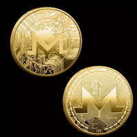 Mandotos International collection of physical metal crypto coins including Bitcoin, Ethereum, Dogecoin, and more in a plastic case.