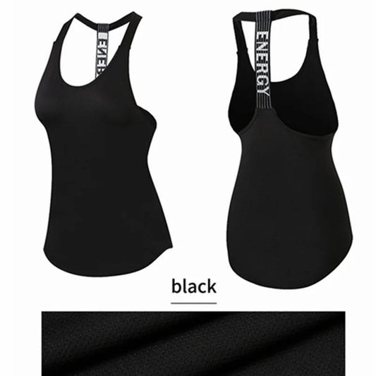 Black sleeveless yoga top for women by Mandotos International, backless fitness shirt, featuring a comfortable fit for active wear.