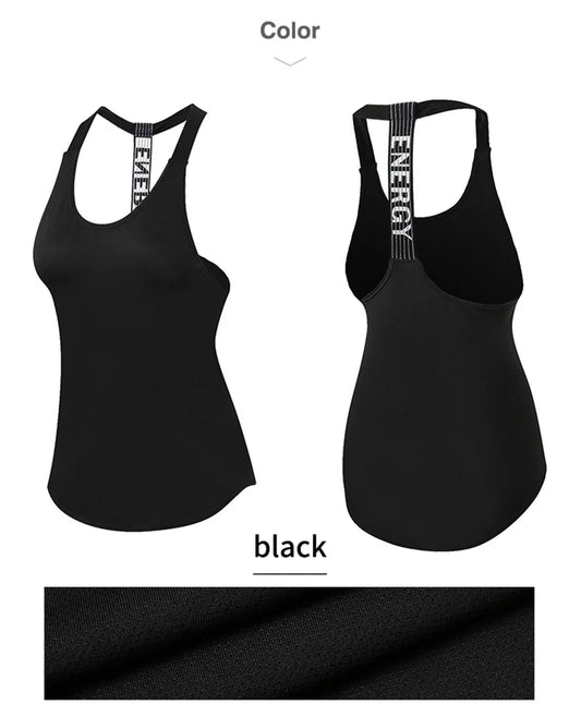 Black sleeveless yoga top for women by MANDOTOS INTERNATIONAL, backless fitness shirt, lightweight and comfortable for exercise.