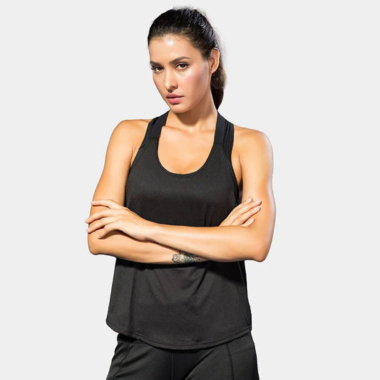 Black sleeveless yoga top for women by MANDOTOS INTERNATIONAL, backless fitness shirt with a comfortable fit and stylish design.
