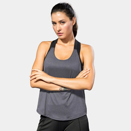 Black sleeveless yoga top for women by Mandotos International, backless fitness shirt with a comfortable fit and athletic style.
