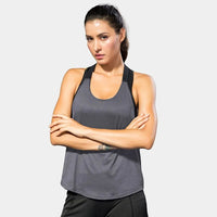 Black sleeveless yoga top for women by Mandotos International, backless fitness shirt with a comfortable fit and athletic style.