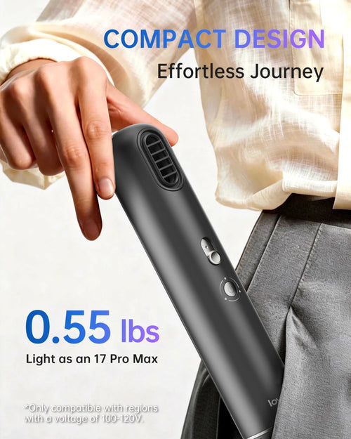 Mandotos International BLDC motor ionic hair dryer with portable design, low noise for travel and home use, FCC certified.