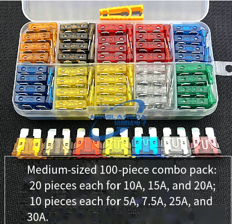 Mandotos International 100-piece car protection fuse kit with various fuses for automotive safety and electrical repair.