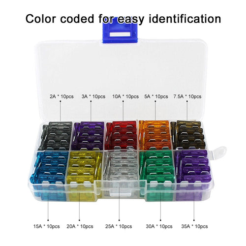 Mandotos International 100-piece car protection fuse kit with assorted fuses for automotive electrical safety and repair.