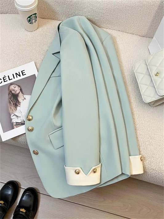 Mandotos International women's blazer coat with stand collar, elegant office outerwear, tailored fit, black color, stylish professional look.