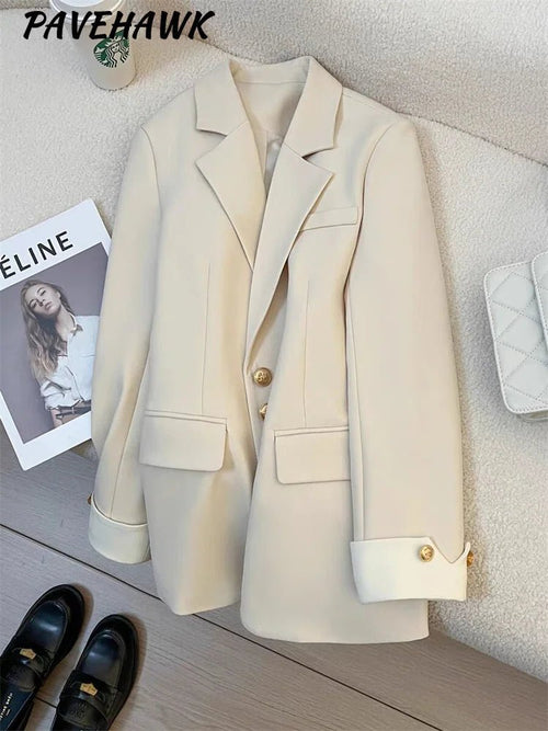 Mandotos International women's blazer coat with stand collar, elegant office outerwear, tailored fit and stylish design.