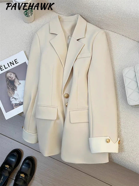 Mandotos International women's blazer coat with stand collar, elegant office outerwear, tailored fit and stylish design.