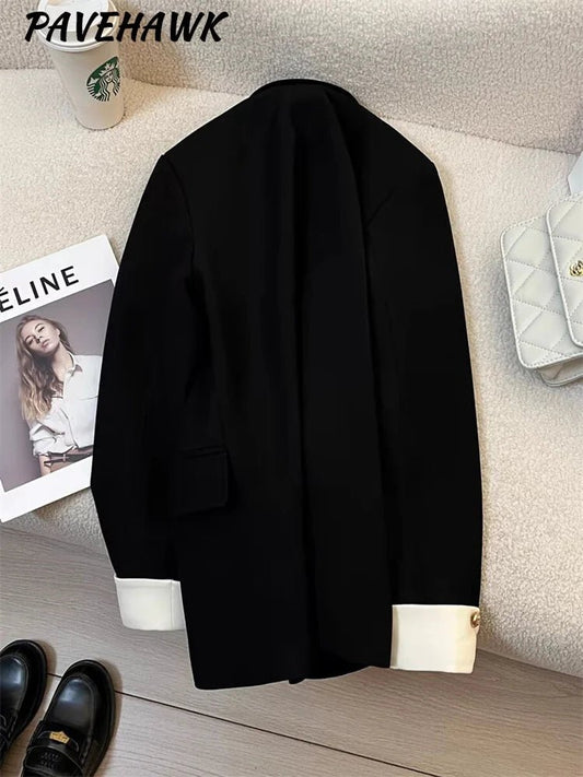 Mandotos International women's blazer coat with stand collar, elegant office outwear, tailored fit, in neutral color.