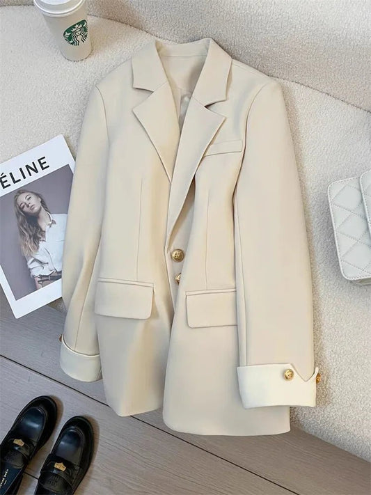 Mandotos International women's blazer coat with stand collar, elegant office outerwear, tailored fit, stylish formal wear.