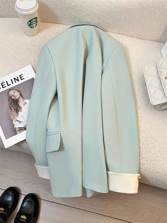 Mandotos International women's blazer coat with stand collar, elegant office outwear, stylish tailored fit in neutral color.